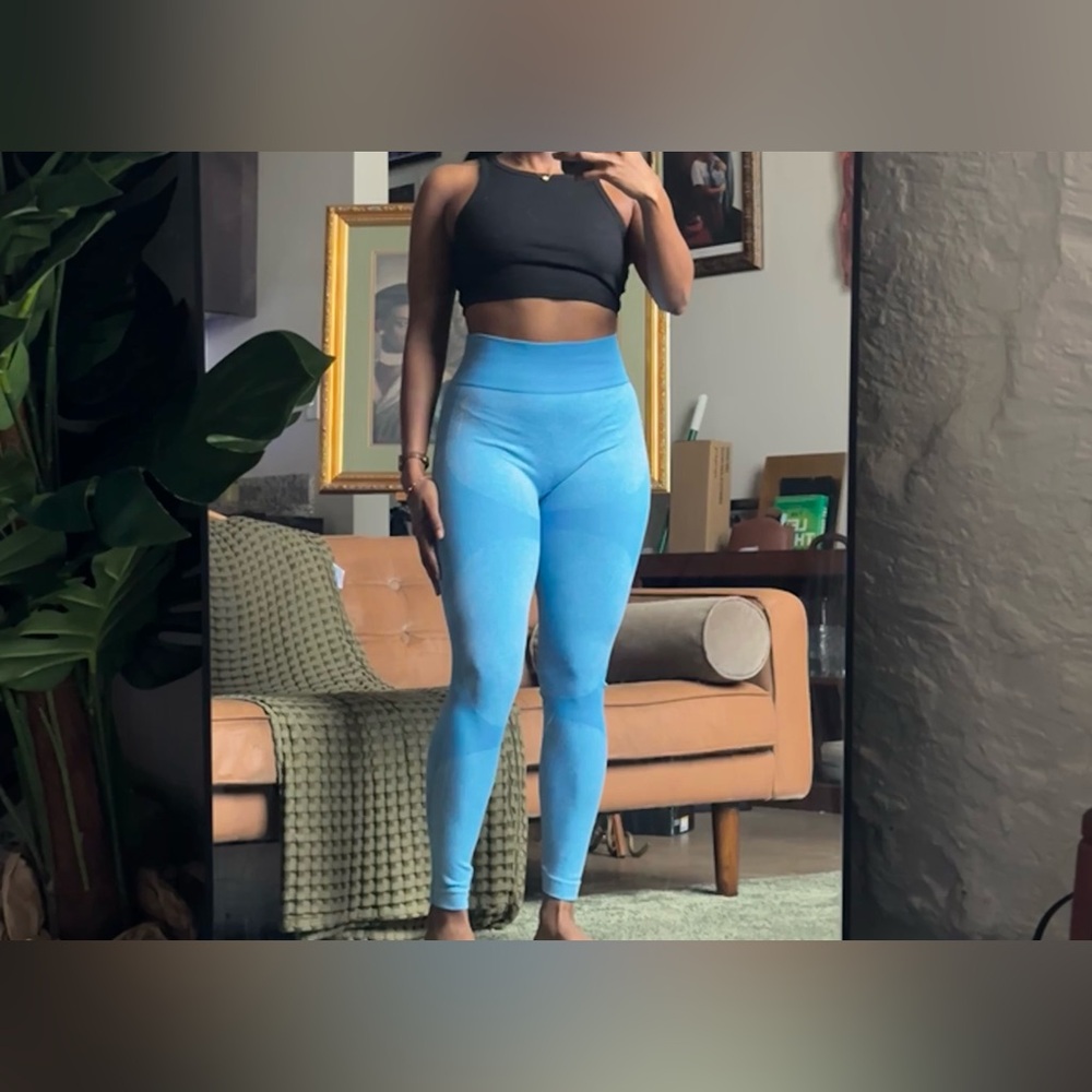 Blue High Waisted Workout Leggings Seamless Sculpting Gym Yoga Athletic Pants
